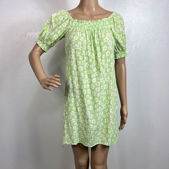 Billabong Girl’s Green Floral Print Mini Sundress With Puff Sleeves Size L - Picture 2 of 9
